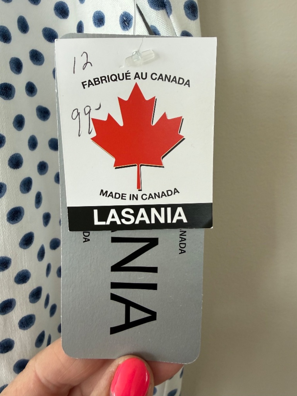 Lasania Polka Dot Pull-On Capri Pants Size 12 NWT Made in Canada Navy White - Picture 7 of 7